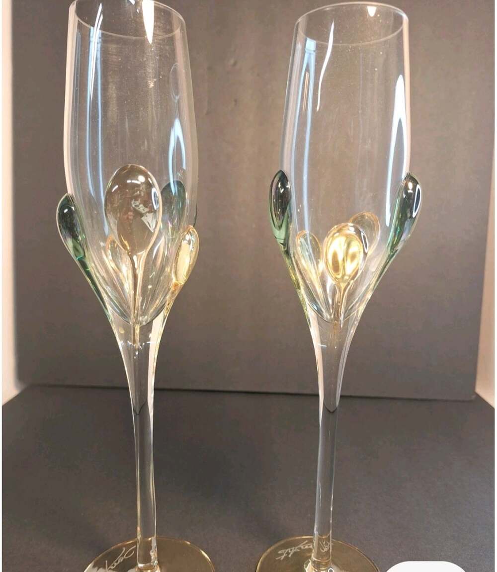 Set of 2 Art Glass Champagne Flutes, Signed By Jon Art